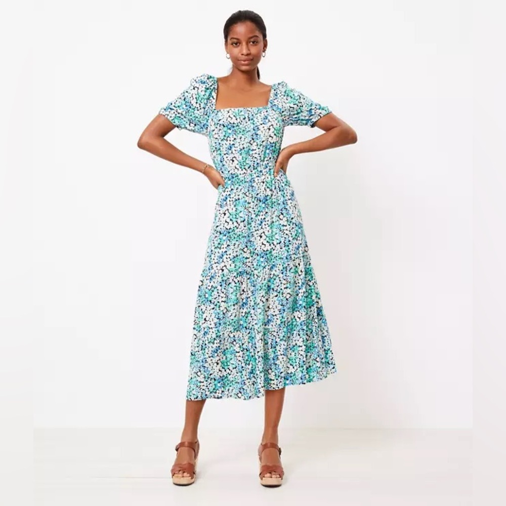 LOFT Teal and White Floral Midi Dress